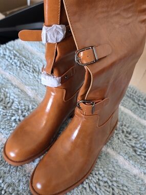 Women's Tall Buckle Leather Riding Boots - Cognac Tan